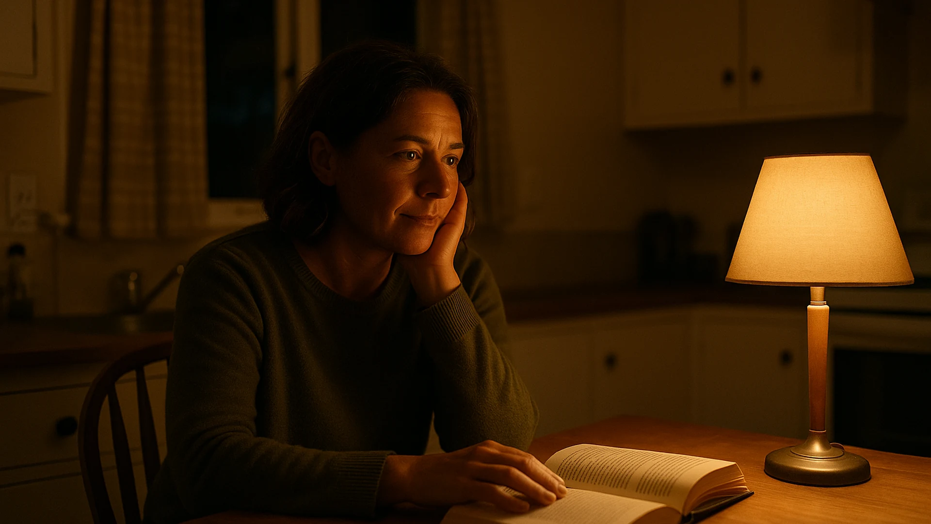 A person reading a book alone at a kitchen table at night
