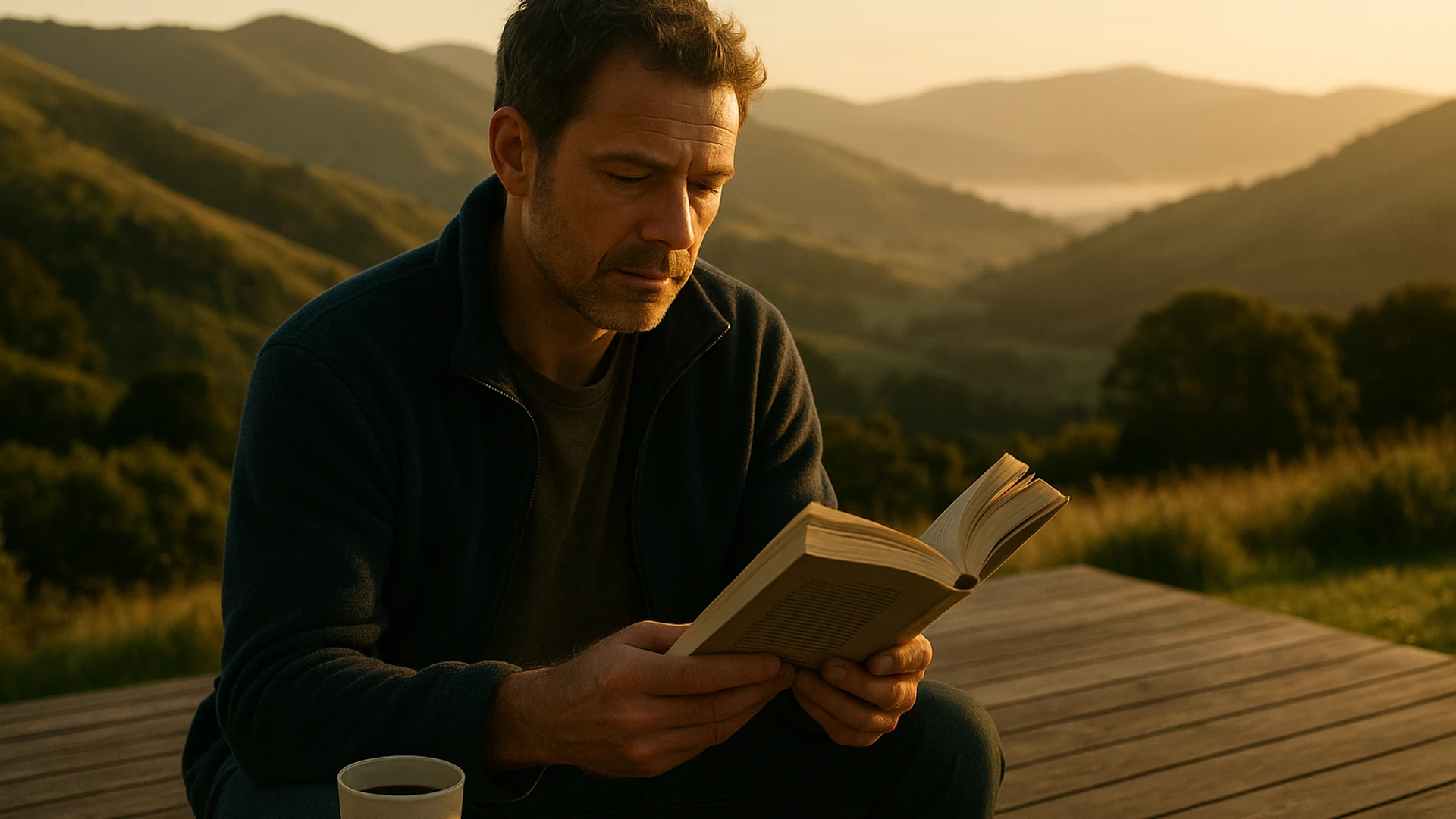A man reading outdoors at first light