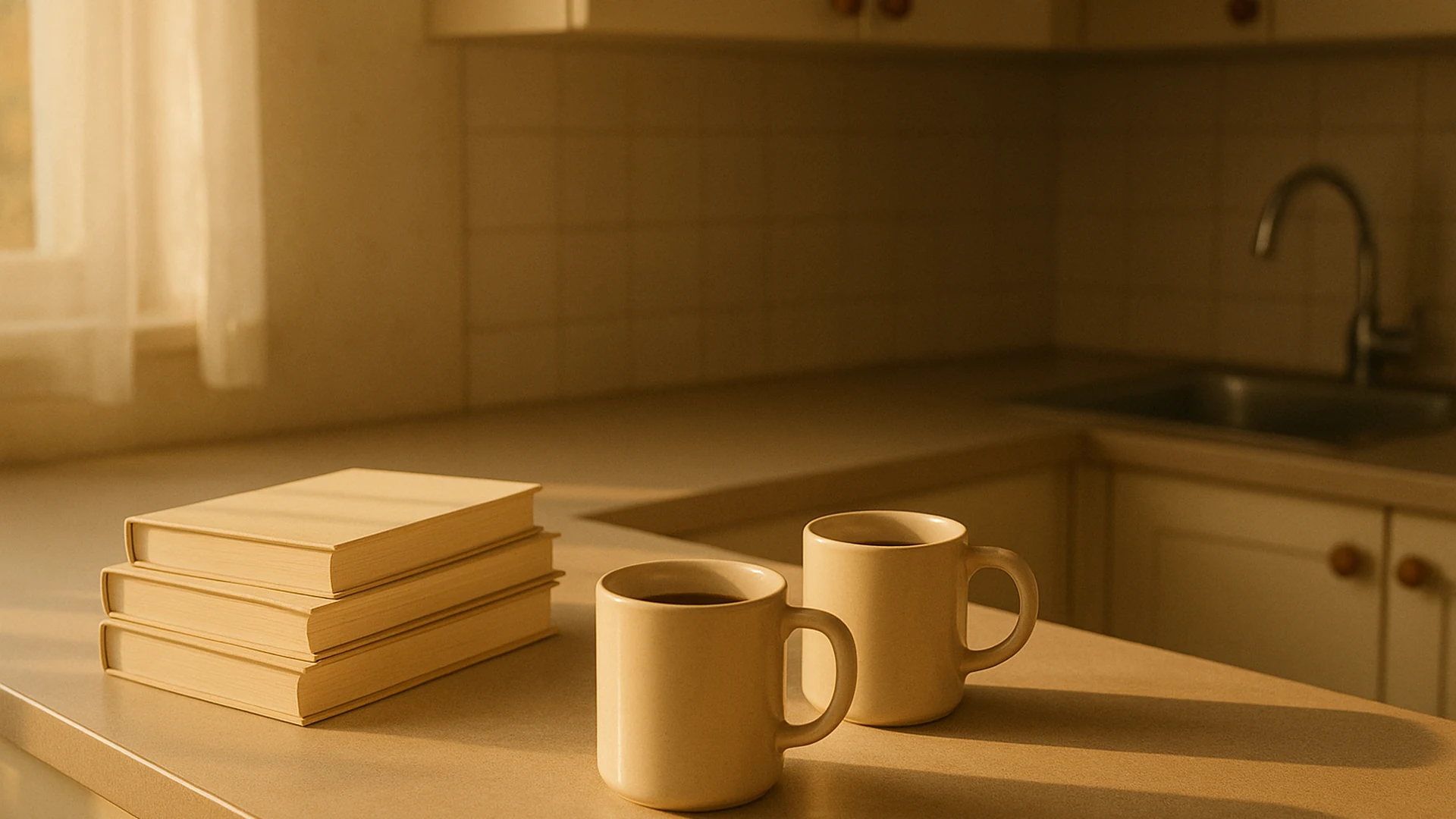 A stack of books beside two coffee cups on a kitchen bench