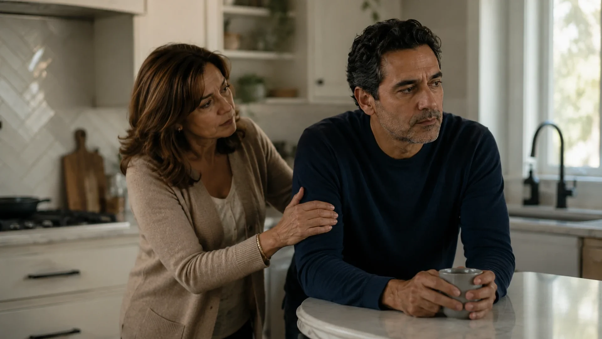 A wife reaching for her husband's arm as he turns away at the kitchen bench