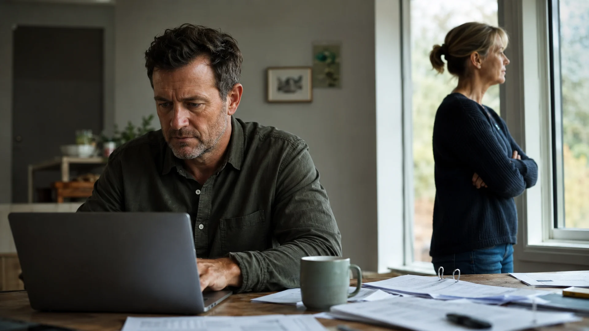 A couple in their office after hours, the work still open on the desk between them