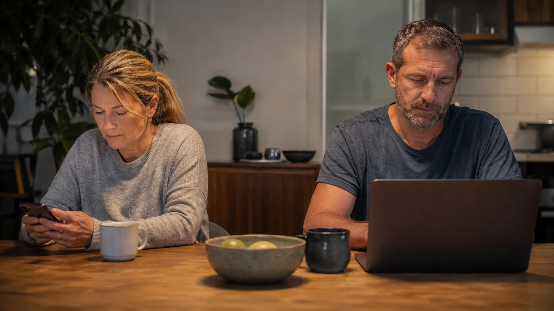 A couple at their kitchen table late at night, laptop open between them